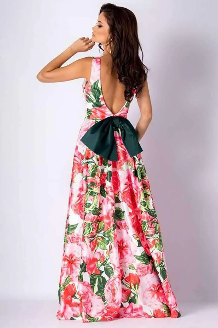 Abito lungo svasato - fantasia floreale rosa e verde - fiocco verde smeraldo decorativo e schiena scoperta - Artista
