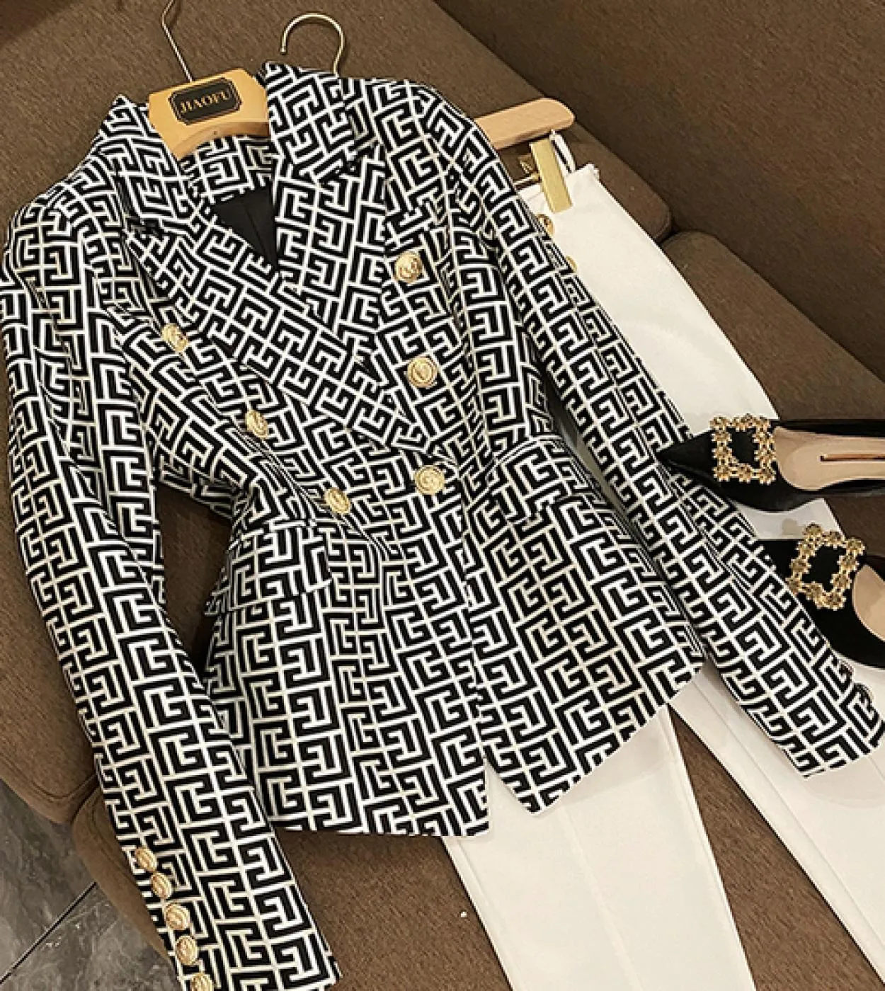 Blazer Donna Jacquard geometrico 2022 Nuova giacca firmata Doppio petto Bottoni leone doro Blazer rosa nero Alto Qua