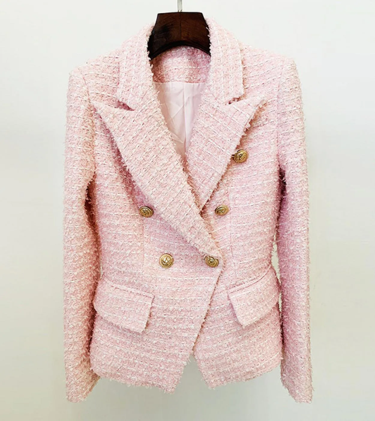 Blazer donna rosa doppio petto in tweed di lana 2023 nuovo designer primavera inverno moda abbigliamento da ufficio giacca cappo