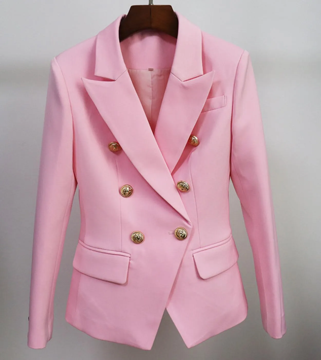 Blazer rosa chiaro di alta qualità Giacca da donna Giacca da lavoro in metallo doppio petto con bottoni Blazer in cotone da lavo
