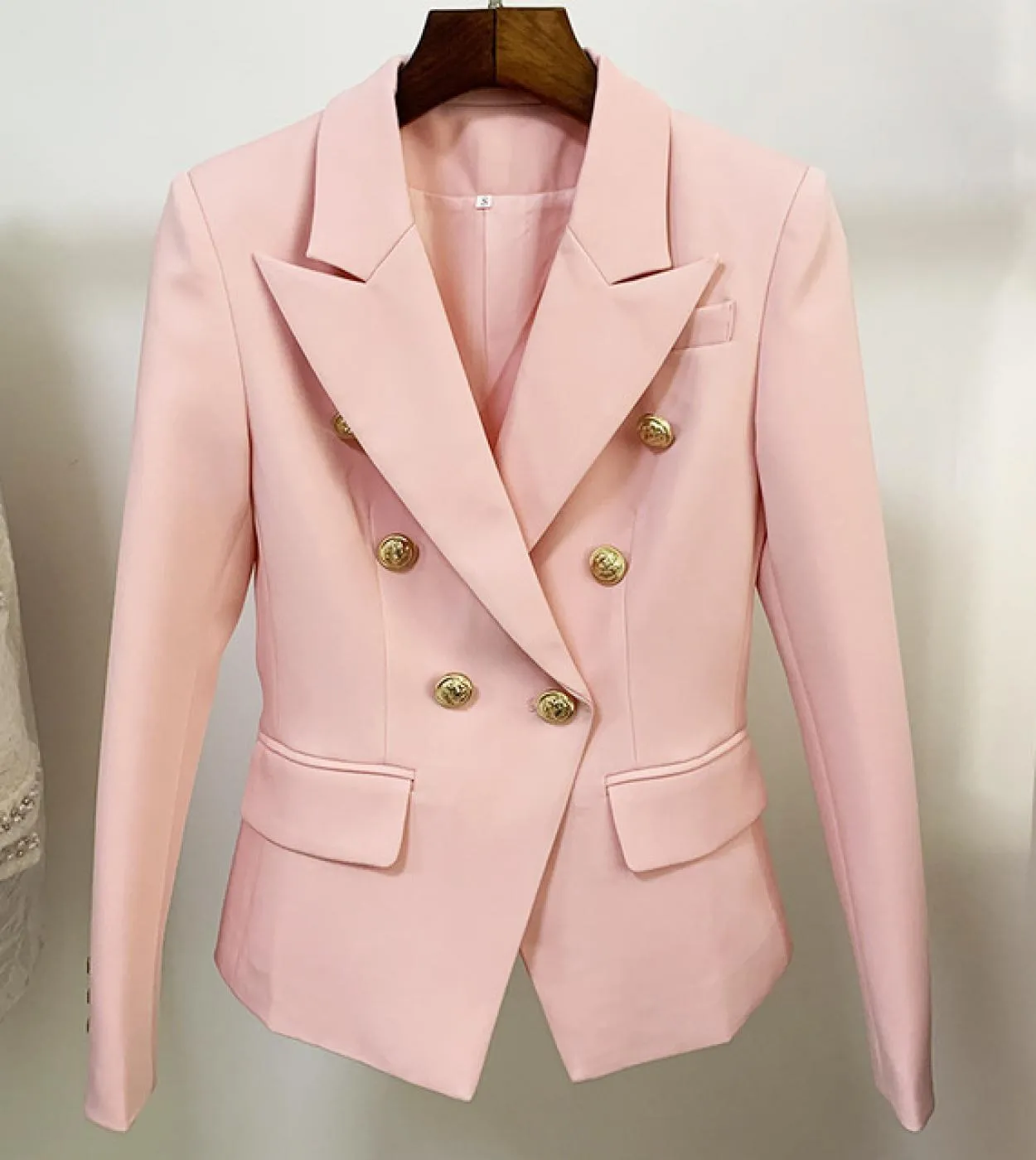 Blazer rosa chiaro di alta qualità Giacca da donna Giacca da lavoro in metallo doppio petto con bottoni Blazer in cotone da lavo