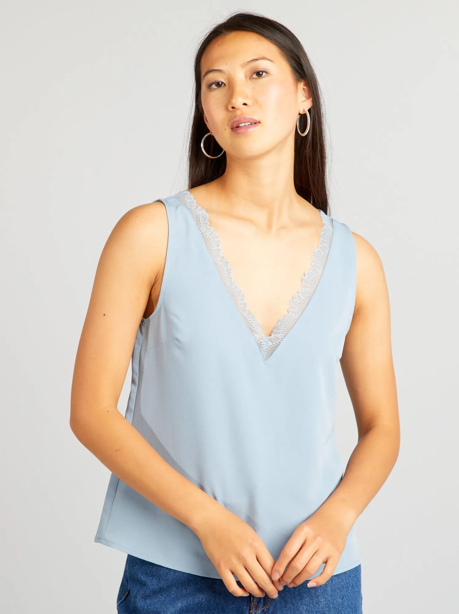 Blusa senza maniche con collo in pizzo - BLU