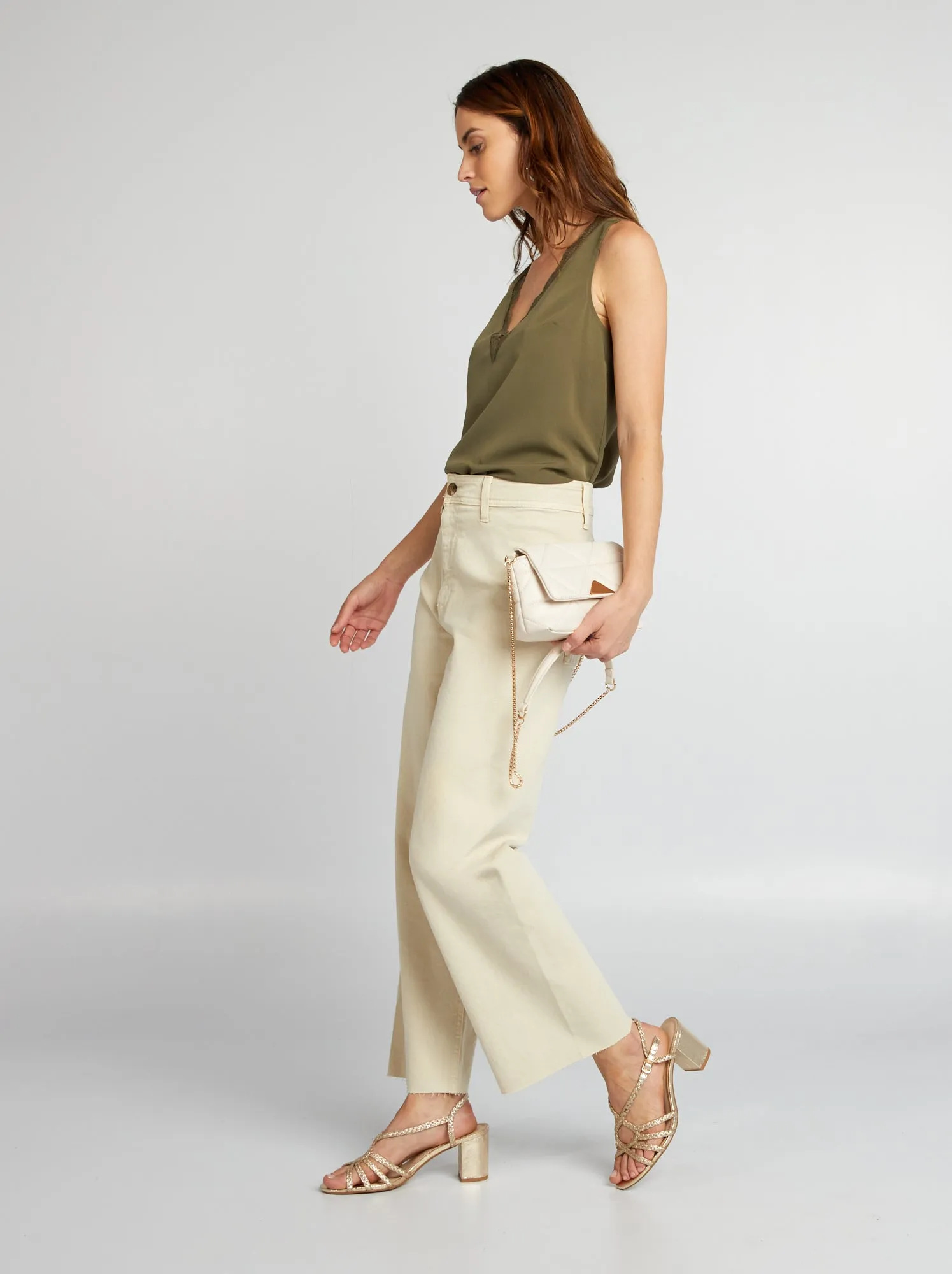 Blusa senza maniche con collo in pizzo - KAKI
