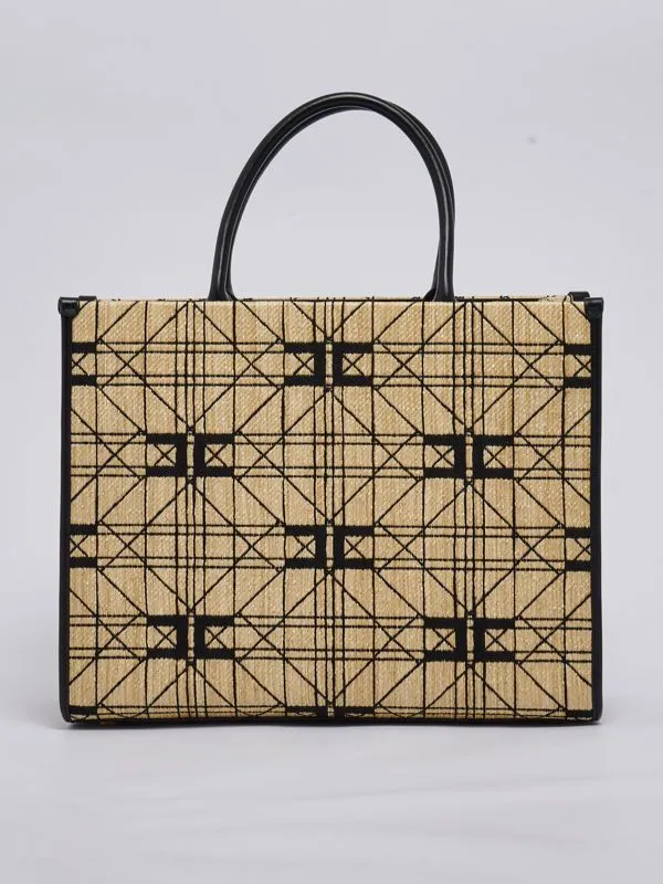 Borsa donna Elisabetta Franchi in tessuto jacquard large Paglia-Nero
