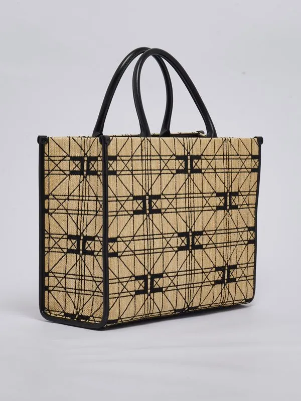 Borsa donna Elisabetta Franchi in tessuto jacquard large Paglia-Nero