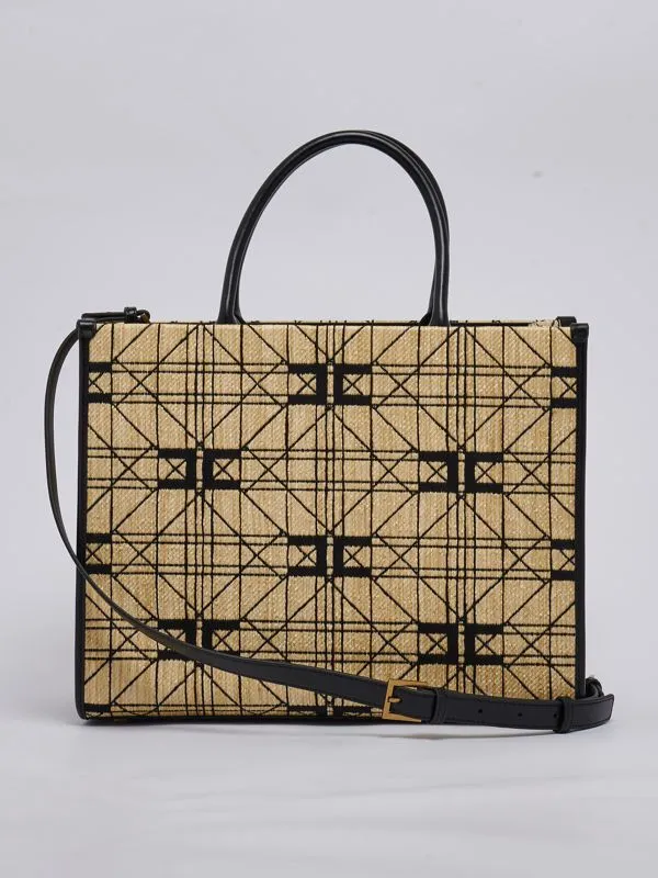Borsa donna Elisabetta Franchi in tessuto jacquard large Paglia-Nero