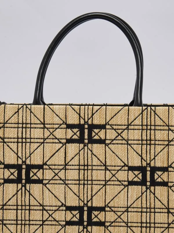 Borsa donna Elisabetta Franchi in tessuto jacquard large Paglia-Nero