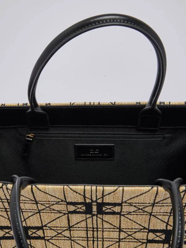 Borsa donna Elisabetta Franchi in tessuto jacquard large Paglia-Nero