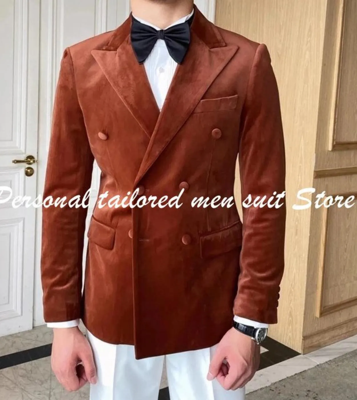 Calda giacca di velluto arancione Pantalone bianco doppio petto Abiti da uomo Sposo Matrimonio Prom Blazer Terno Masculino Slim