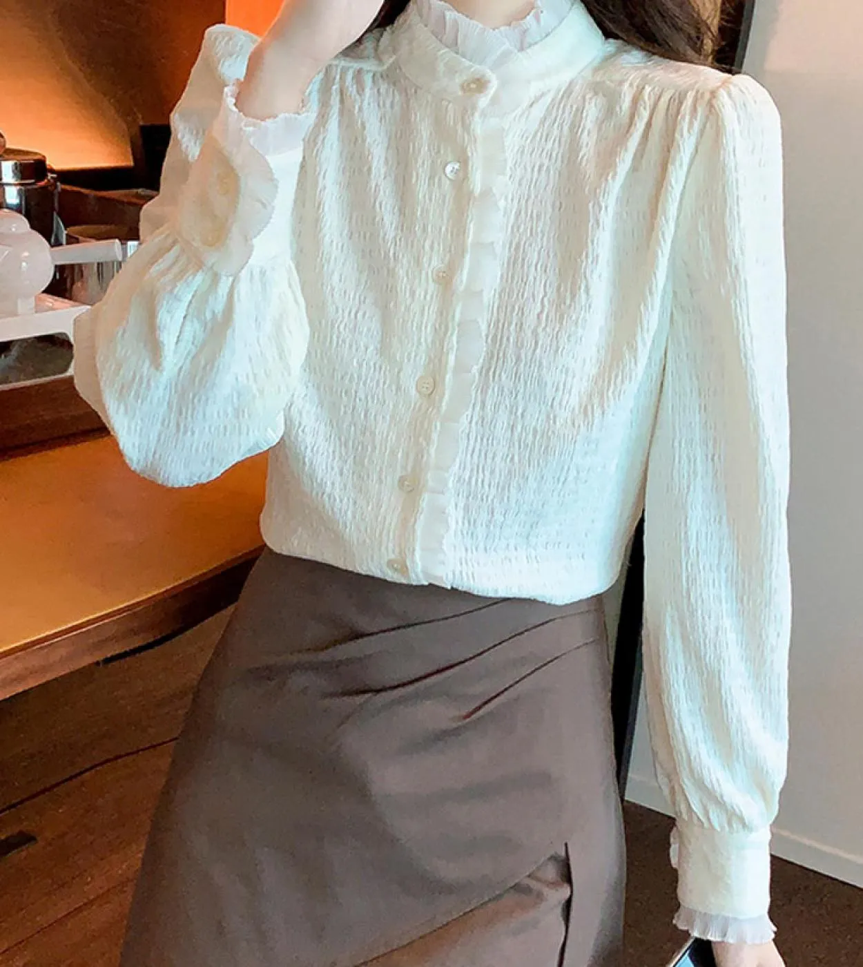 Camicetta elegante francese Moda donna Primavera Colletto alla coreana Camicia plissettata in pizzo Manica lunga Abbigliamento f