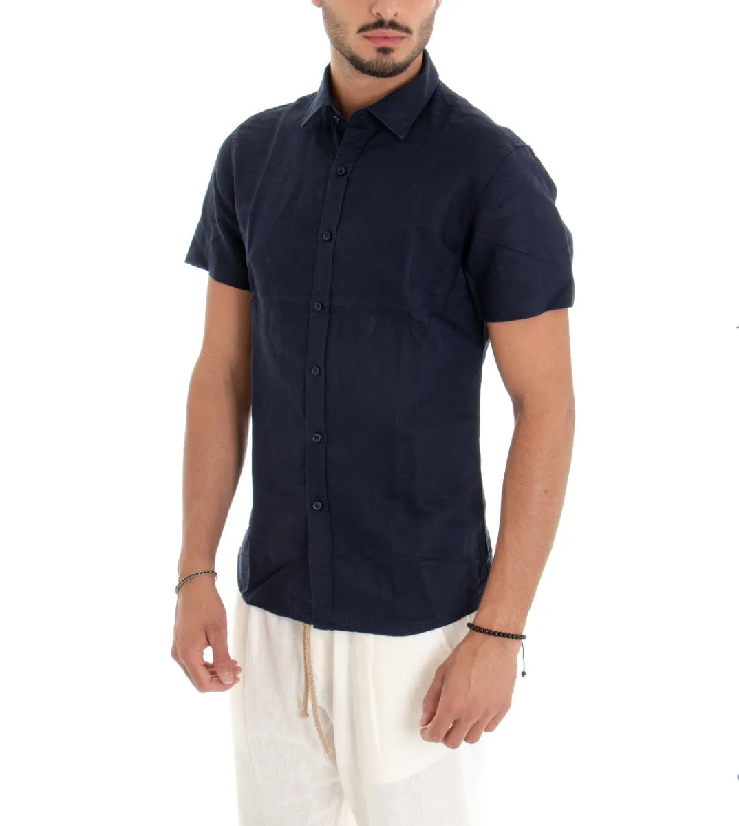 Camicia Uomo Manica Corta Colletto Lino Tinta Unita Blu GIOSAL-CC1113A