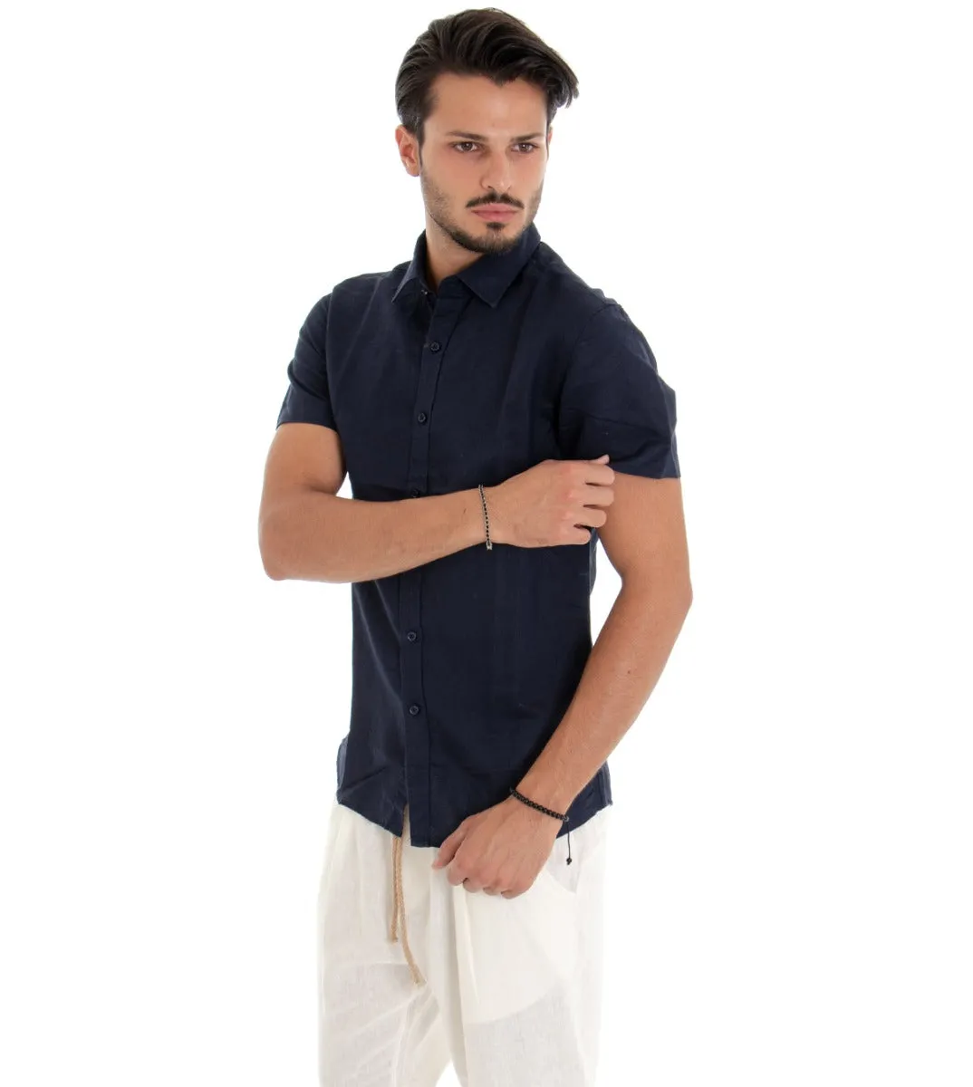 Camicia Uomo Manica Corta Colletto Lino Tinta Unita Blu GIOSAL-CC1113A