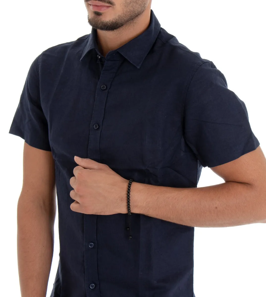 Camicia Uomo Manica Corta Colletto Lino Tinta Unita Blu GIOSAL-CC1113A