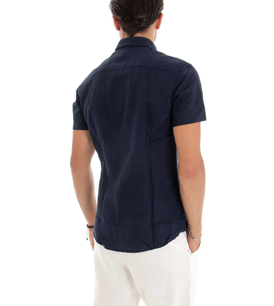Camicia Uomo Manica Corta Colletto Lino Tinta Unita Blu GIOSAL-CC1113A