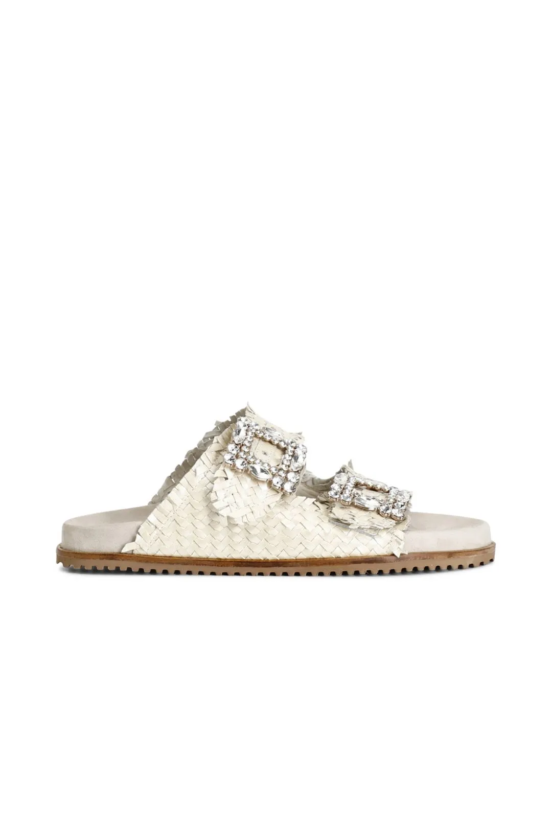 ciabatta doppia fibbia strass in pelle intrecciata perla