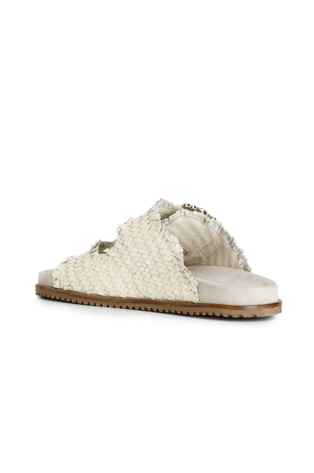 ciabatta doppia fibbia strass in pelle intrecciata perla