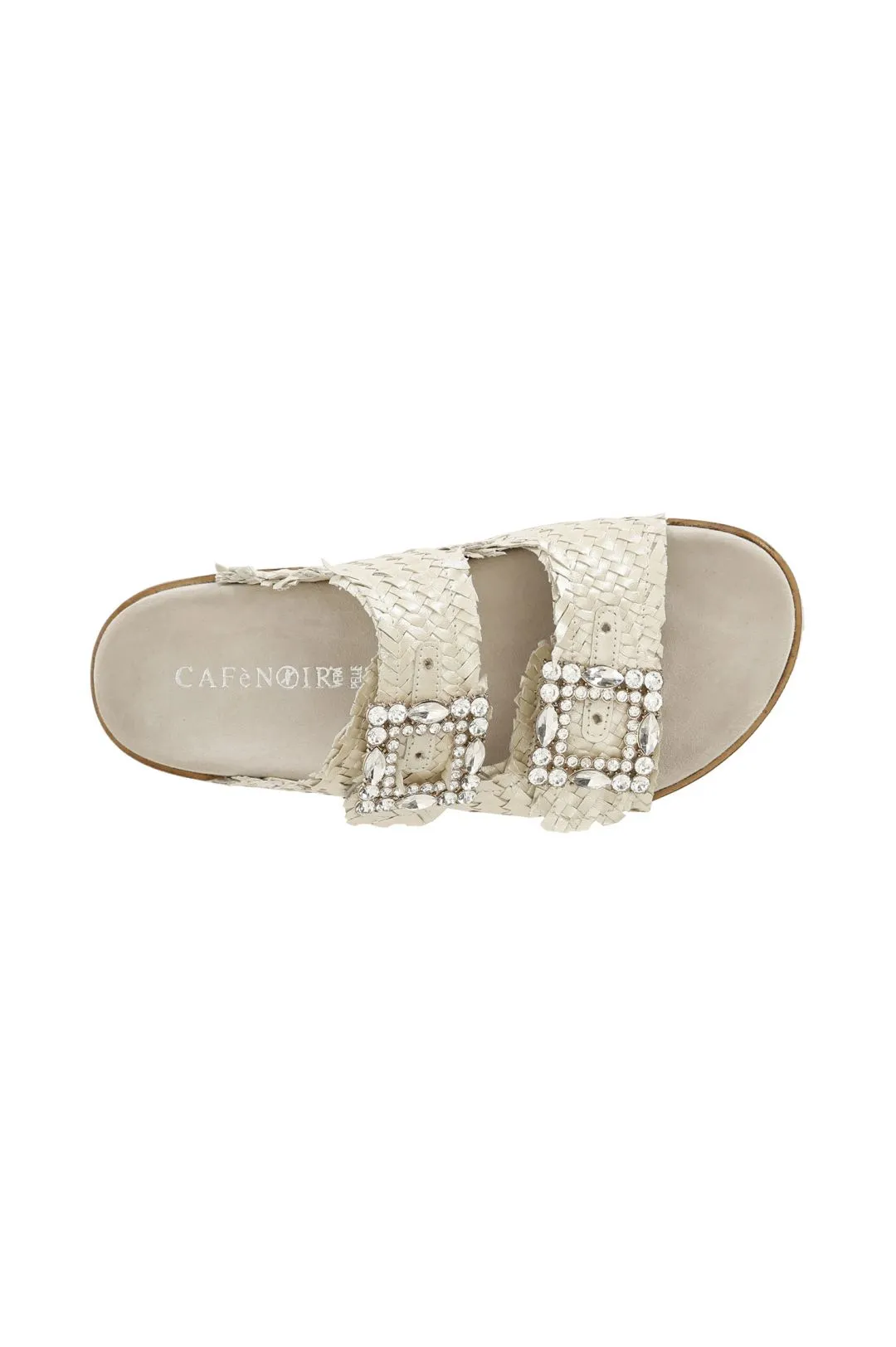 ciabatta doppia fibbia strass in pelle intrecciata perla