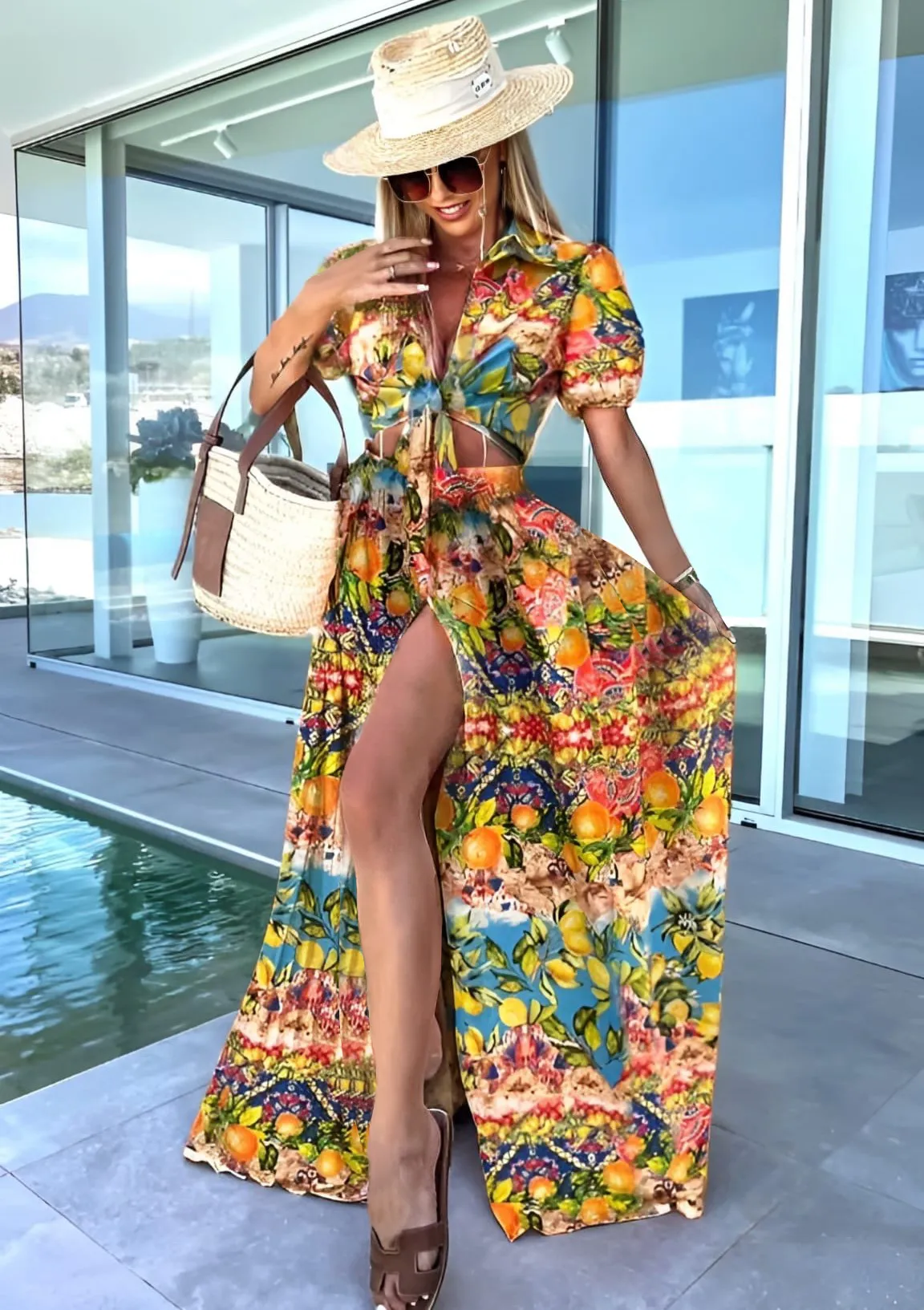 Completo Donna Top Mezza Manica Scollo V Gonna Spacco Stampa Multicolore