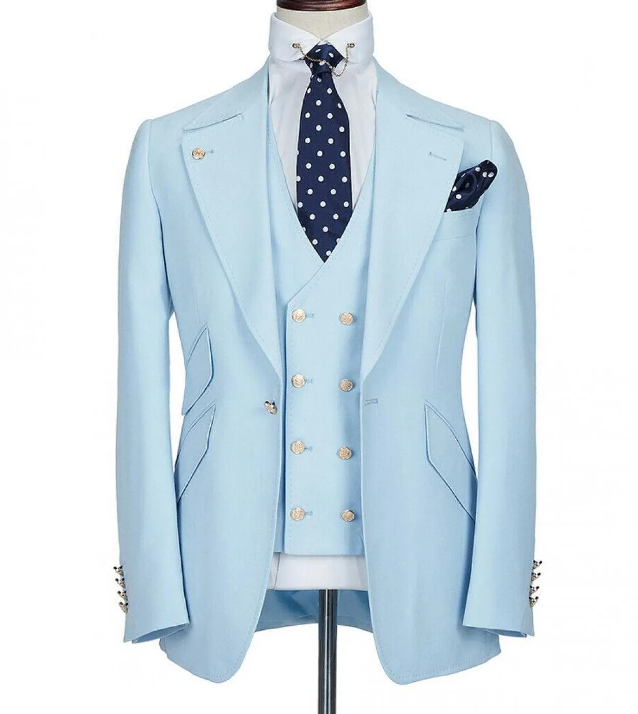 Costume Homme Abiti da uomo blu chiaro Gilet doppio petto Sposi Giacca da sposa Groomsmen Smoking Uomo formale Panno 3 pezzi