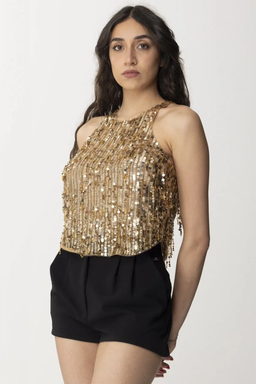 Crop top con frange di perline Gold