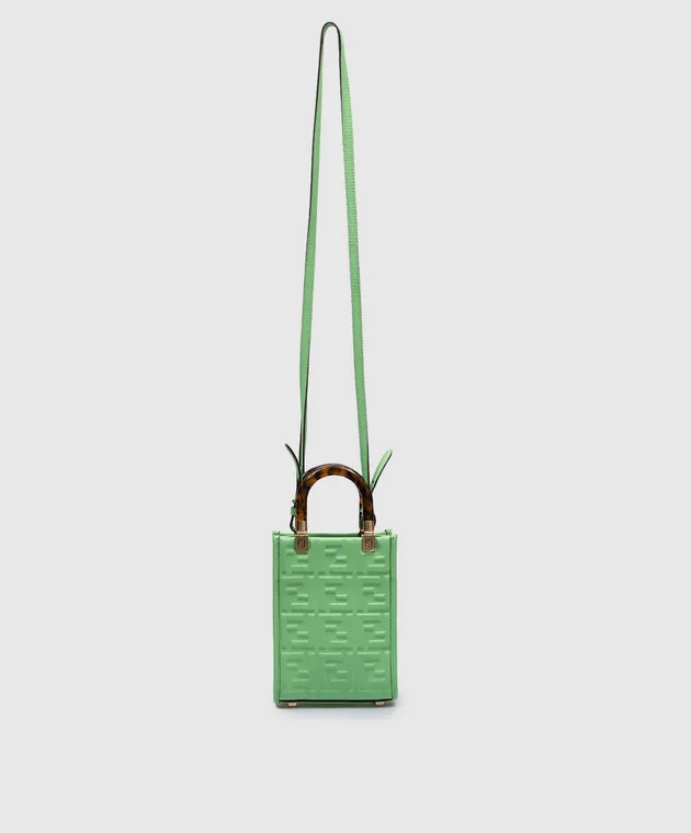 Fendi Borsa tote in pelle con monogramma goffrato verde Sunshine FF con manici tartarugati 8BS051AMCI