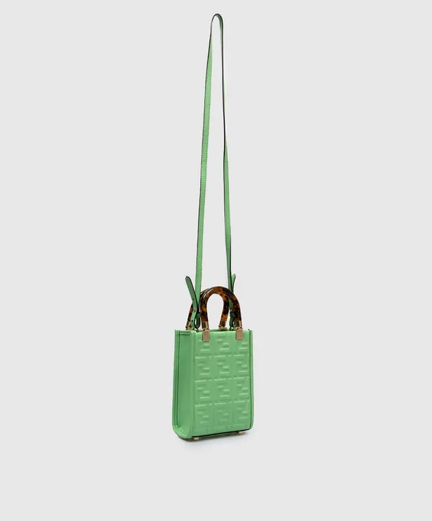 Fendi Borsa tote in pelle con monogramma goffrato verde Sunshine FF con manici tartarugati 8BS051AMCI