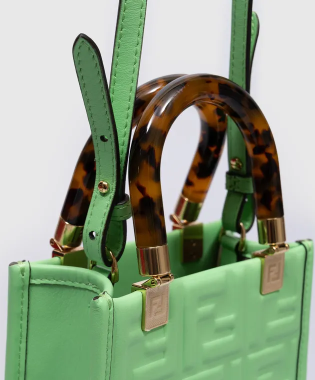 Fendi Borsa tote in pelle con monogramma goffrato verde Sunshine FF con manici tartarugati 8BS051AMCI