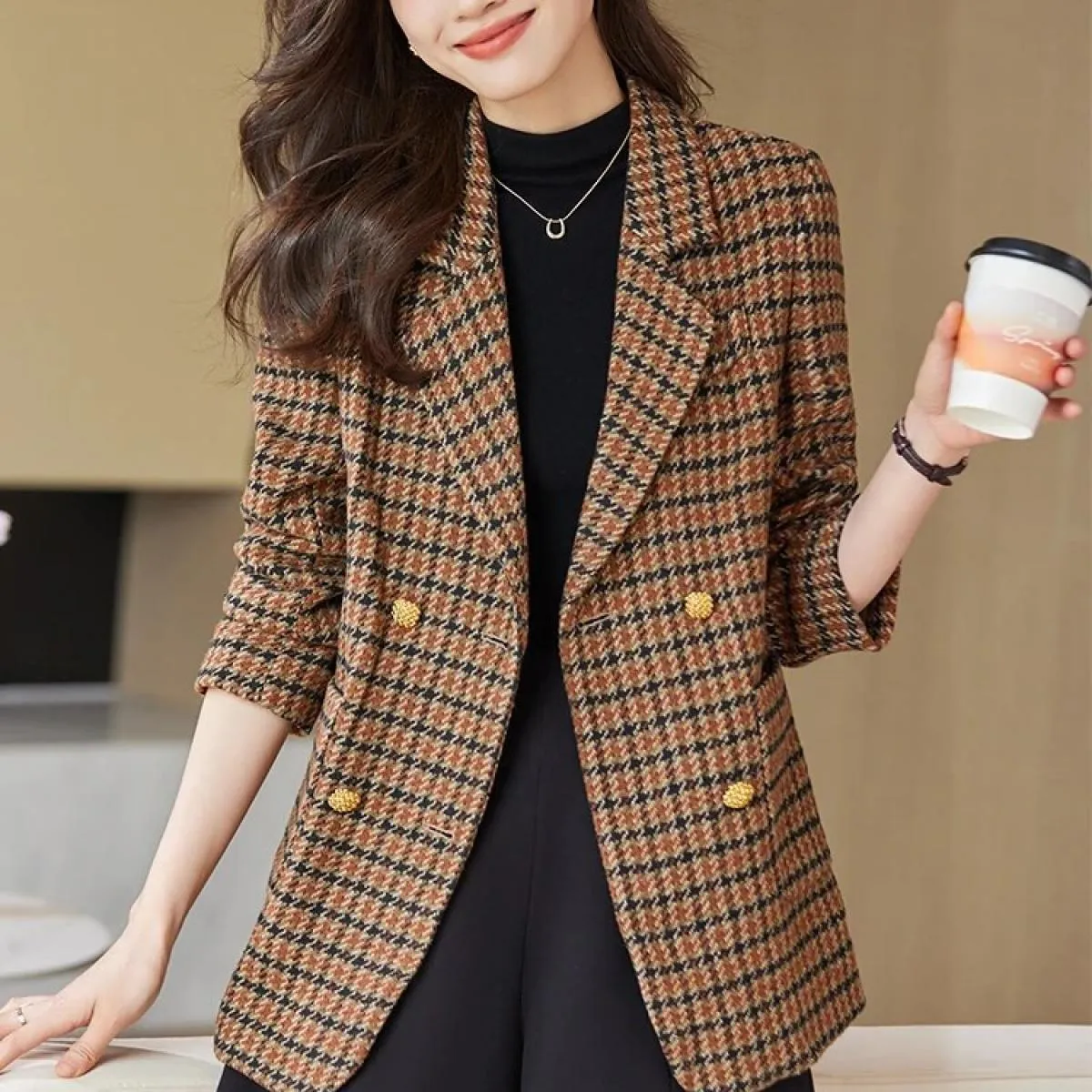 Giacca casual da donna scozzese verde caffè alla moda Giacca da donna autunno inverno a maniche lunghe doppio petto