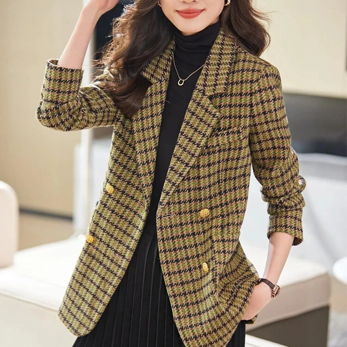 Giacca casual da donna scozzese verde caffè alla moda Giacca da donna autunno inverno a maniche lunghe doppio petto