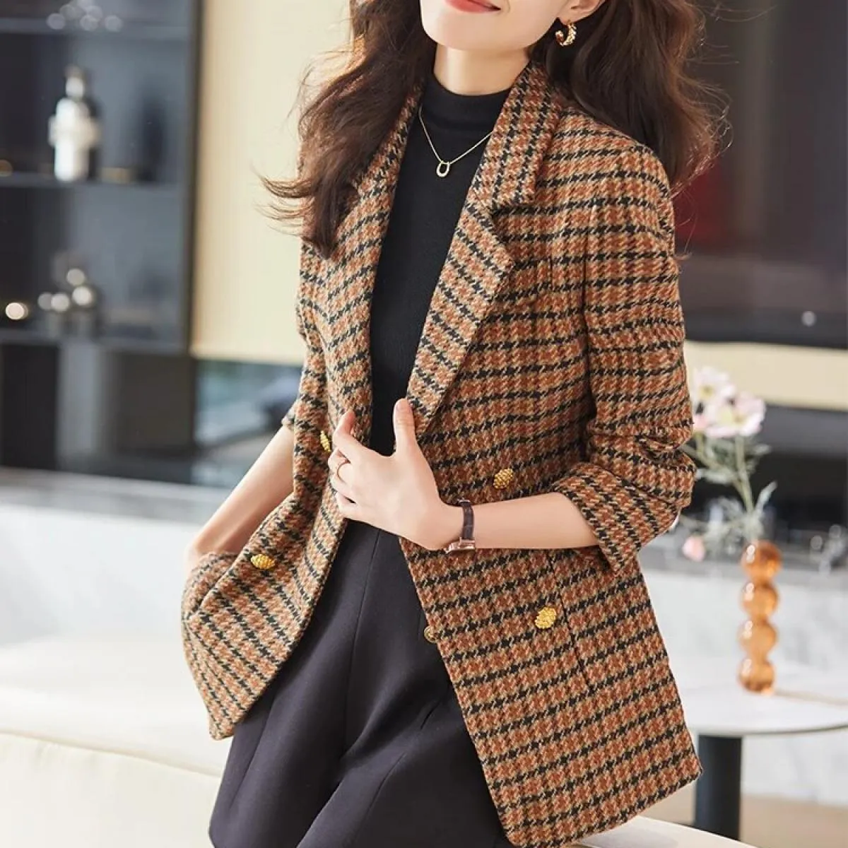 Giacca casual da donna scozzese verde caffè alla moda Giacca da donna autunno inverno a maniche lunghe doppio petto