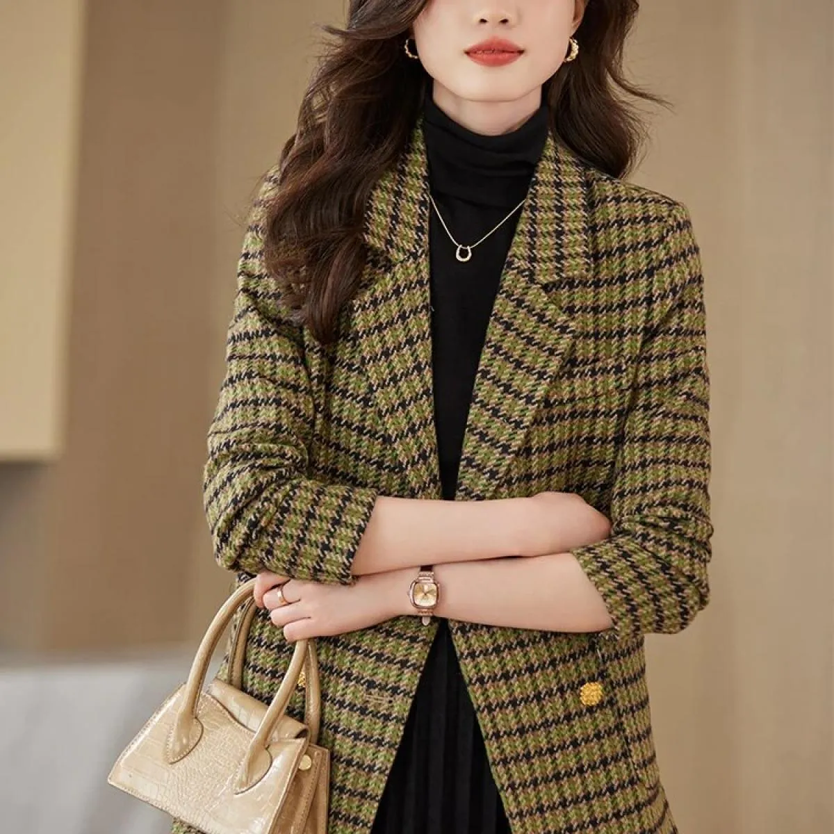 Giacca casual da donna scozzese verde caffè alla moda Giacca da donna autunno inverno a maniche lunghe doppio petto