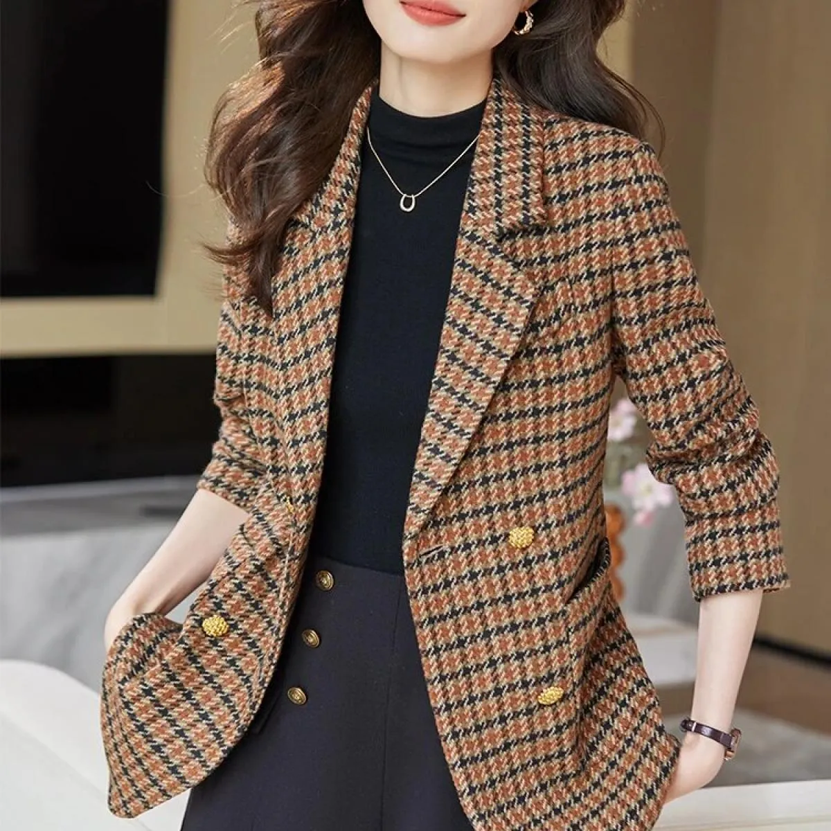 Giacca casual da donna scozzese verde caffè alla moda Giacca da donna autunno inverno a maniche lunghe doppio petto