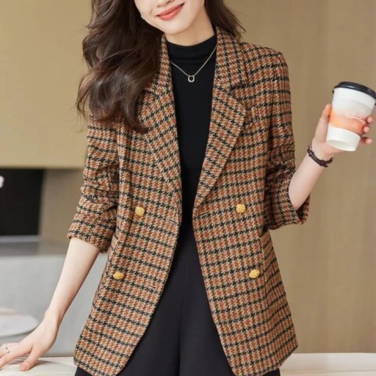 Giacca casual da donna scozzese verde caffè alla moda Giacca da donna autunno inverno a maniche lunghe doppio petto