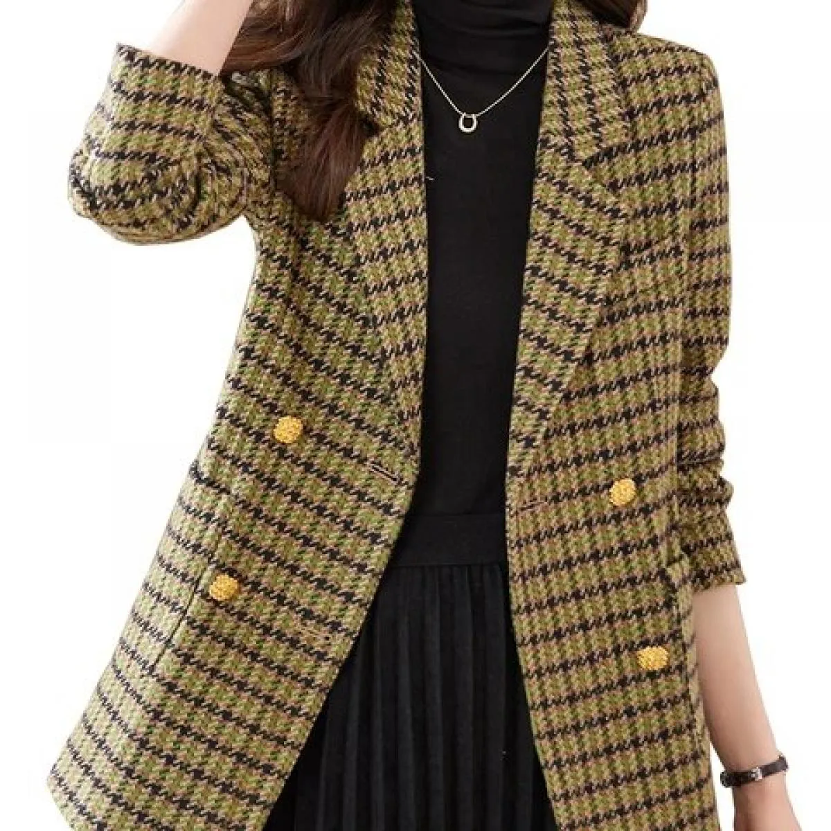 Giacca casual da donna scozzese verde caffè alla moda Giacca da donna autunno inverno a maniche lunghe doppio petto