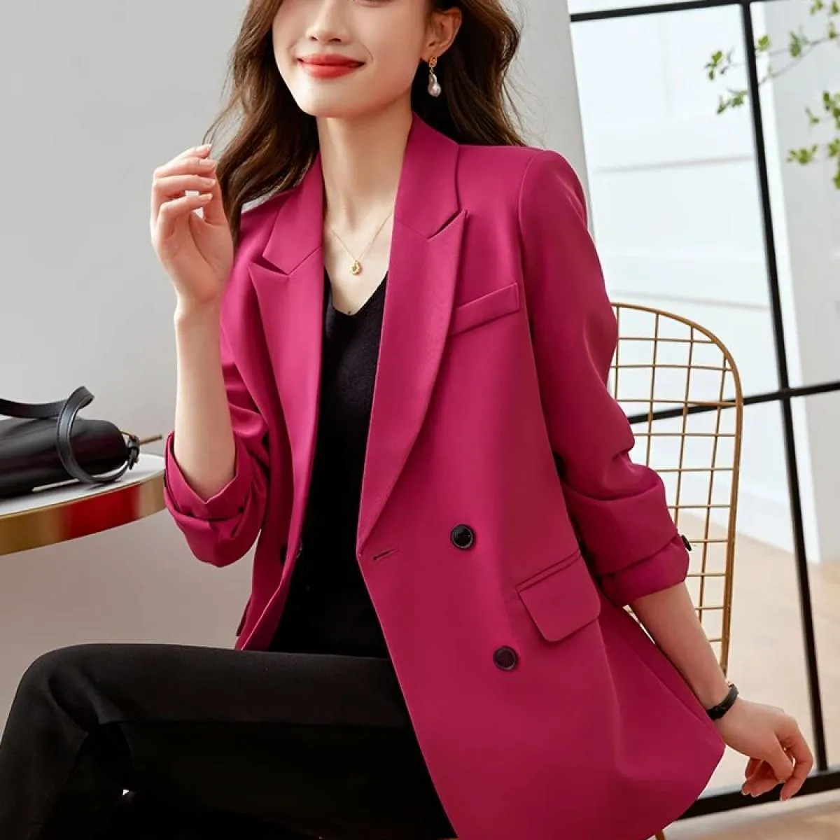 Giacca da donna casual alla moda rosa caffè nero giacca sportiva da donna manica lunga doppio petto giacca allentata per la vitt