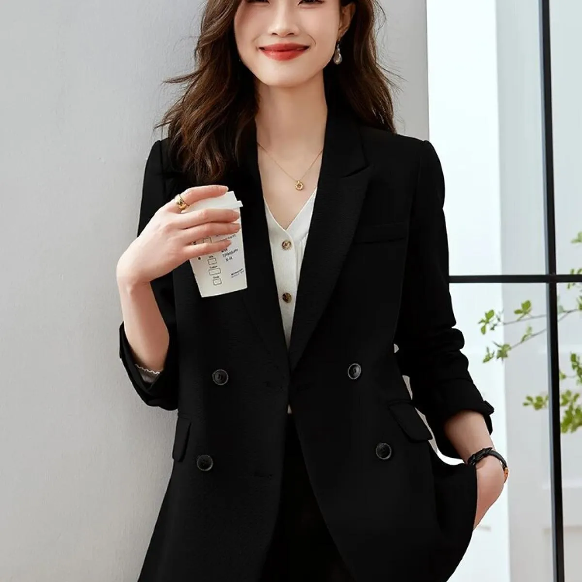 Giacca da donna casual alla moda rosa caffè nero giacca sportiva da donna manica lunga doppio petto giacca allentata per la vitt