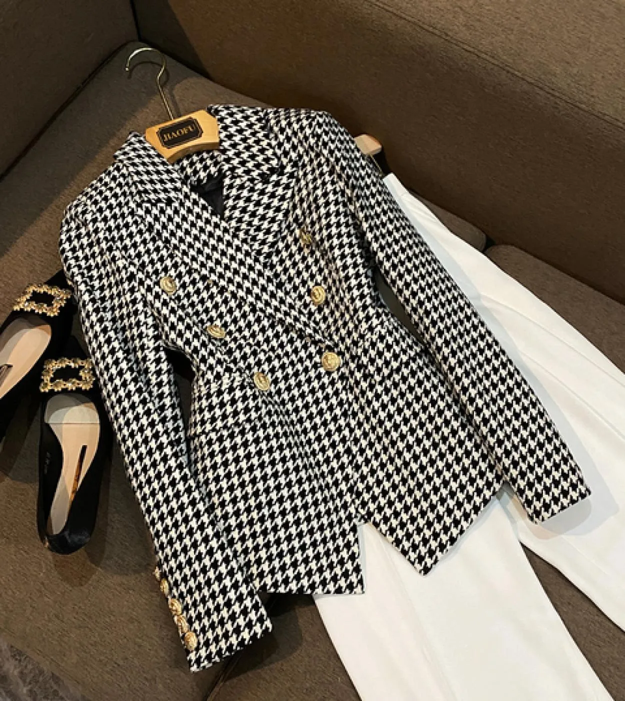 Giacca da donna doppio petto in metallo fibbia leone pied de poule abito sottile di alta qualità taglie forti abbigliamento donn