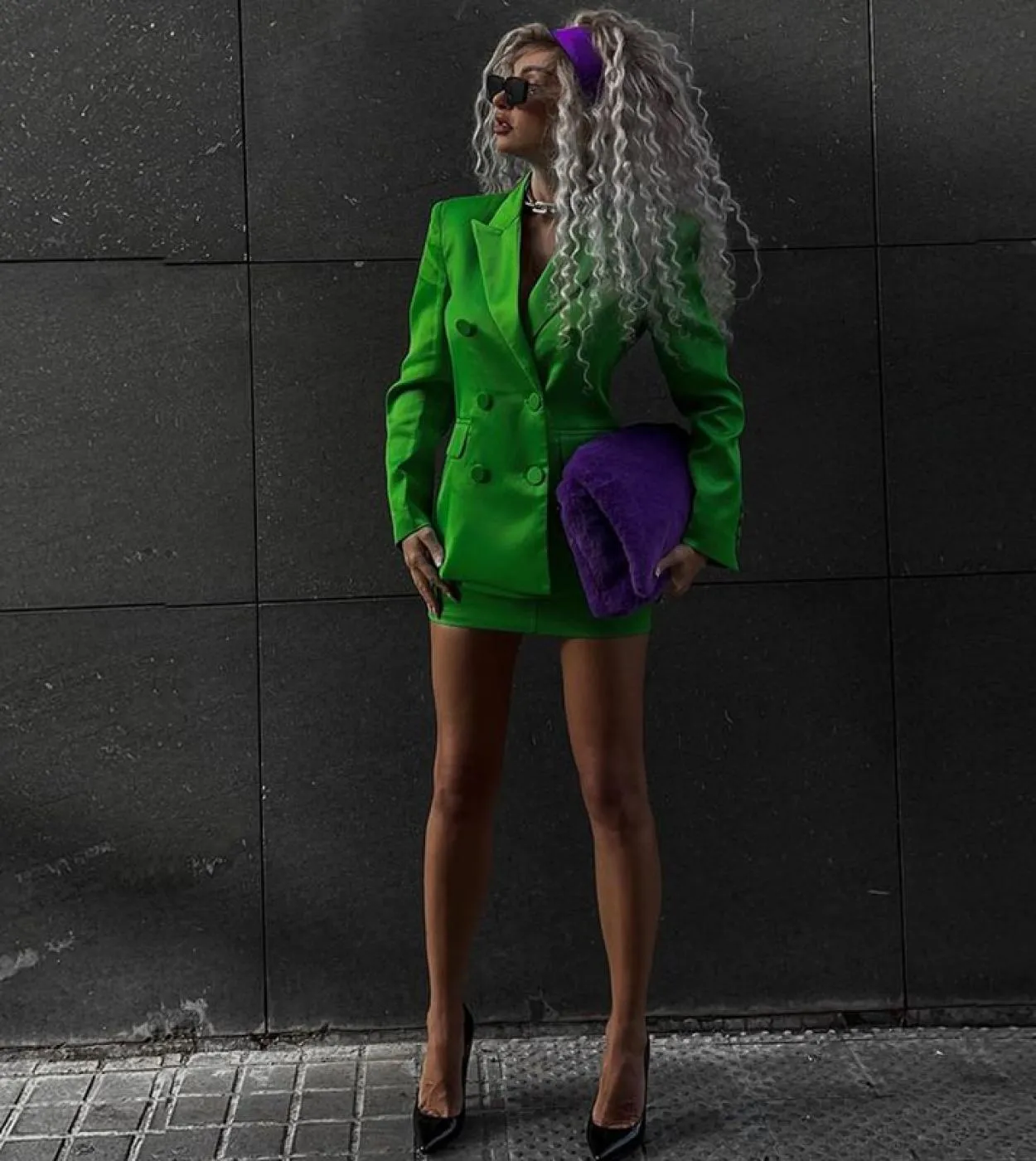 Gonna Blazer Abiti Green Violet 2022 New Bright Satin doppio petto giacca ampia minigonna set due pezzi donna alta