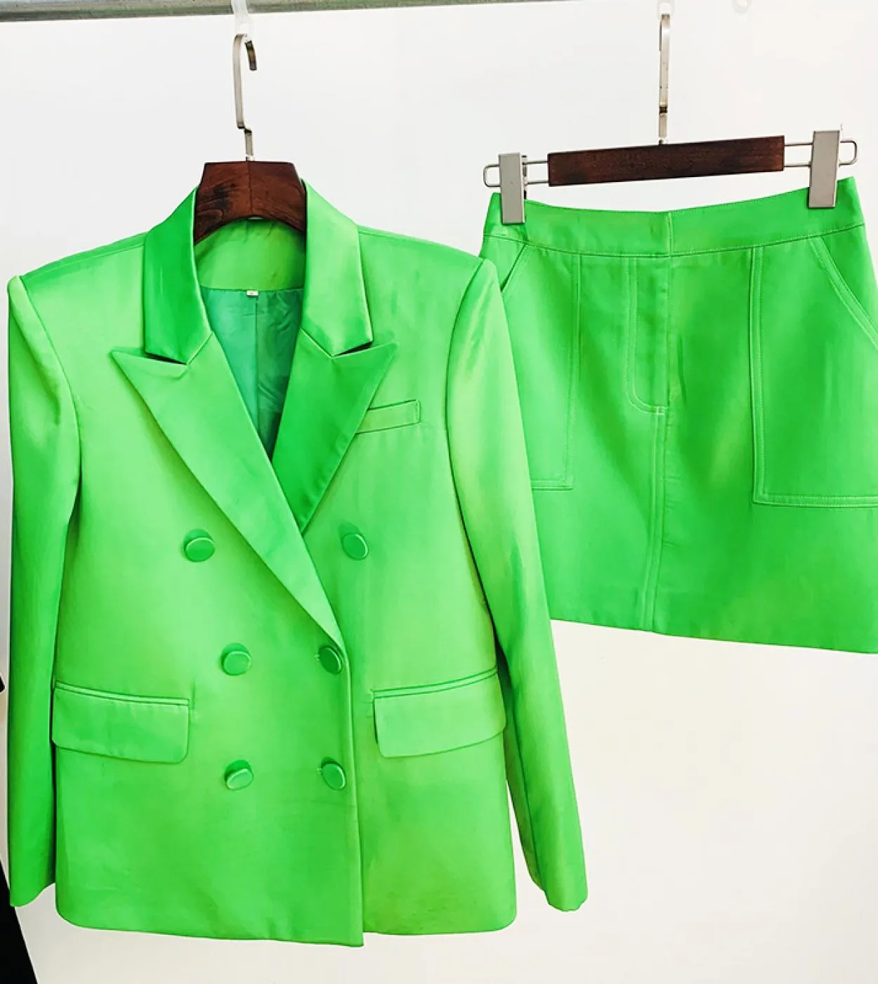 Gonna Blazer Abiti Green Violet 2022 New Bright Satin doppio petto giacca ampia minigonna set due pezzi donna alta