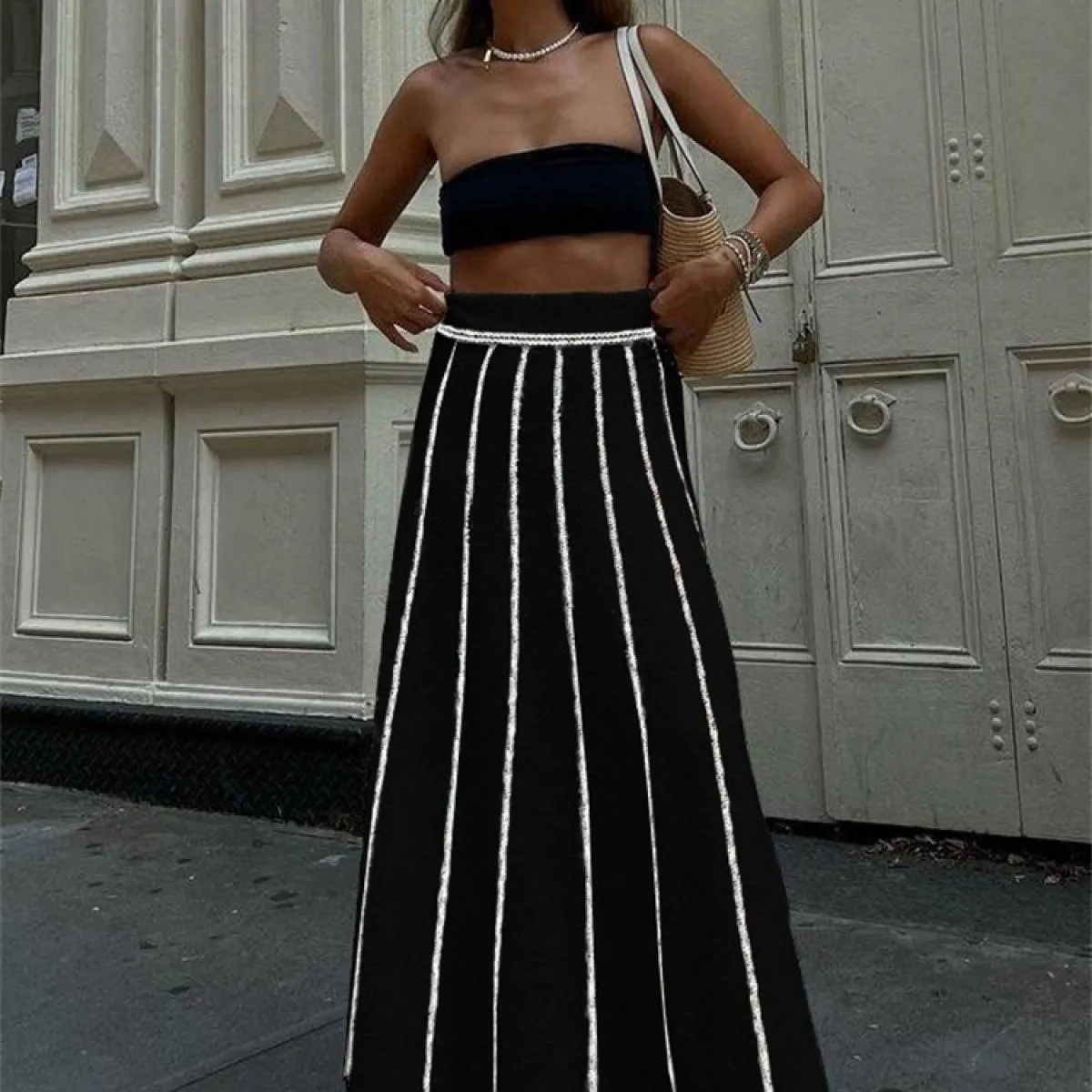 Gonna lunga in maglia a righe con nappa Gonna lunga da donna a vita alta elegante stampata zebrata Gonna lunga alla moda femmini