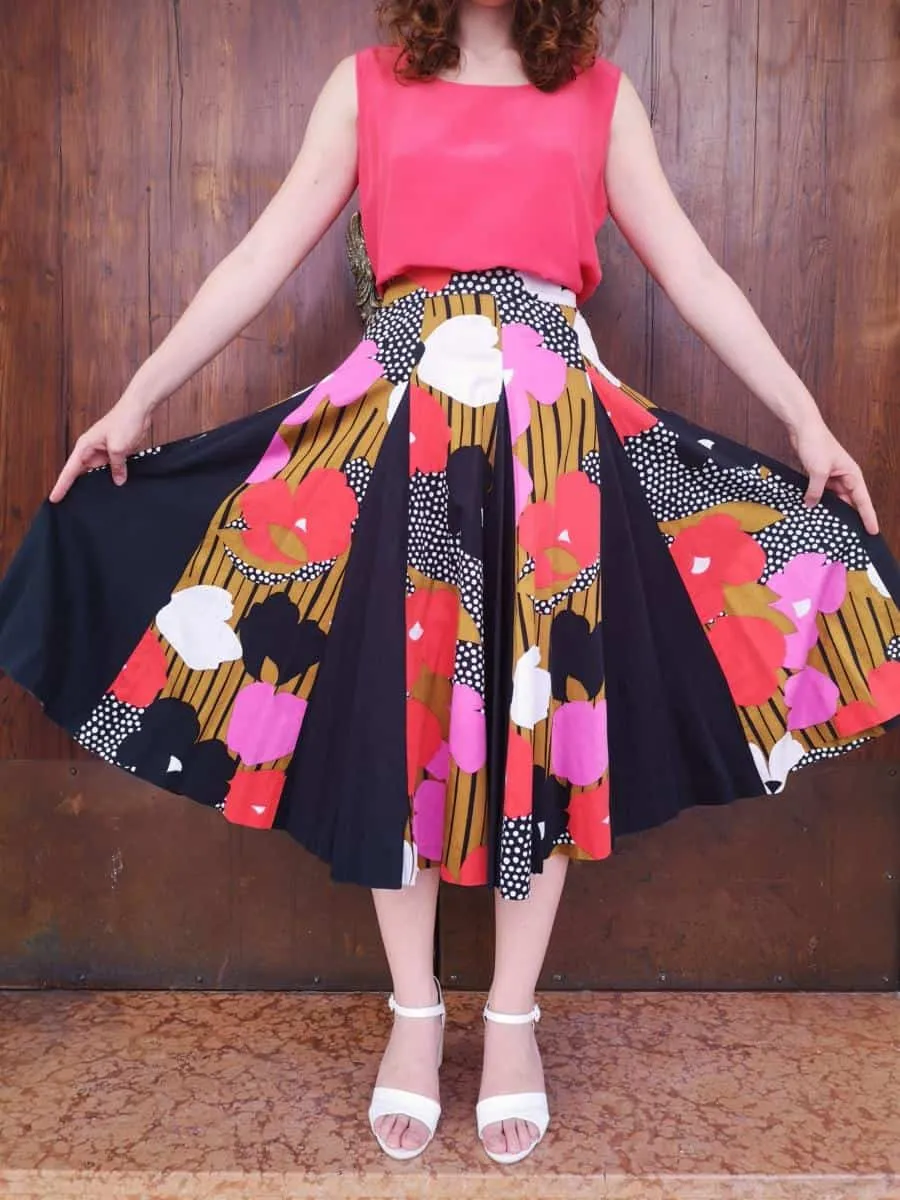 Gonna sartoriale anni 70 multicolor fiori + pois