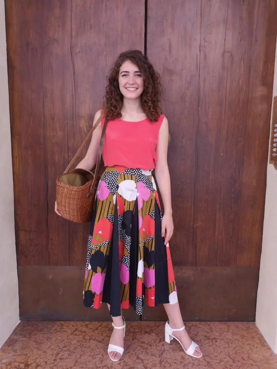 Gonna sartoriale anni 70 multicolor fiori + pois