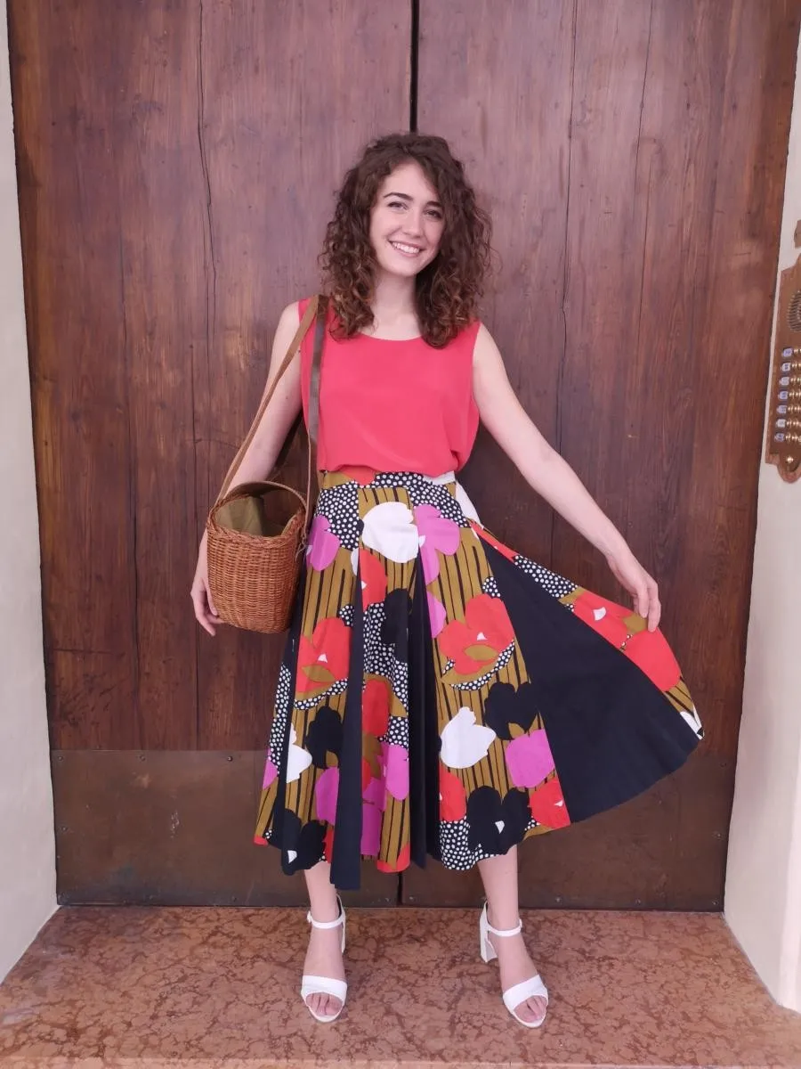 Gonna sartoriale anni 70 multicolor fiori + pois