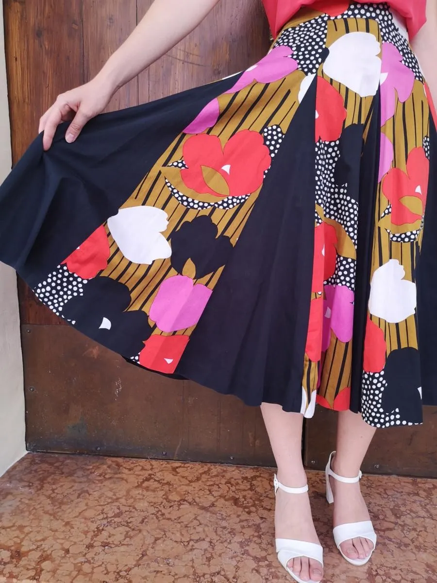 Gonna sartoriale anni 70 multicolor fiori + pois