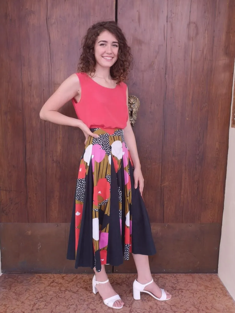 Gonna sartoriale anni 70 multicolor fiori + pois