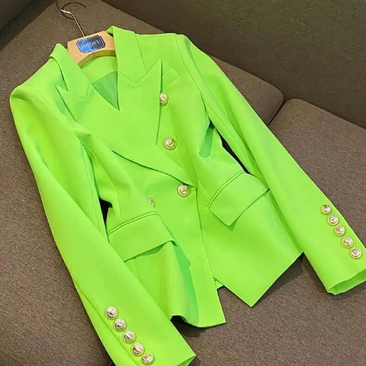 High Street Novità 2022 Giacca da donna Classic Lion Bottoni Doppio petto Giacca aderente aderente Neon Green Bla