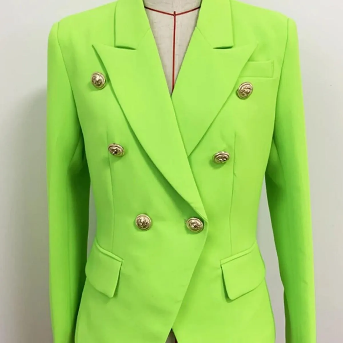 High Street Novità 2022 Giacca da donna Classic Lion Bottoni Doppio petto Giacca aderente aderente Neon Green Bla