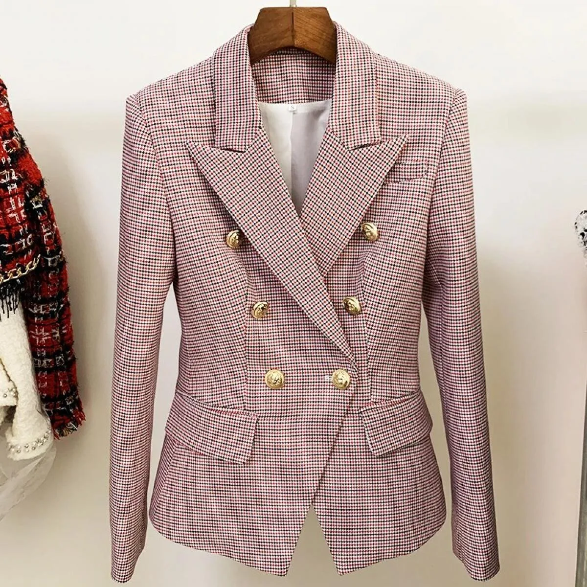 High Street Novità 2022 Giacca da donna Classica Bottoni in metallo Doppio petto Vestibilità slim Giacca pied de poule B