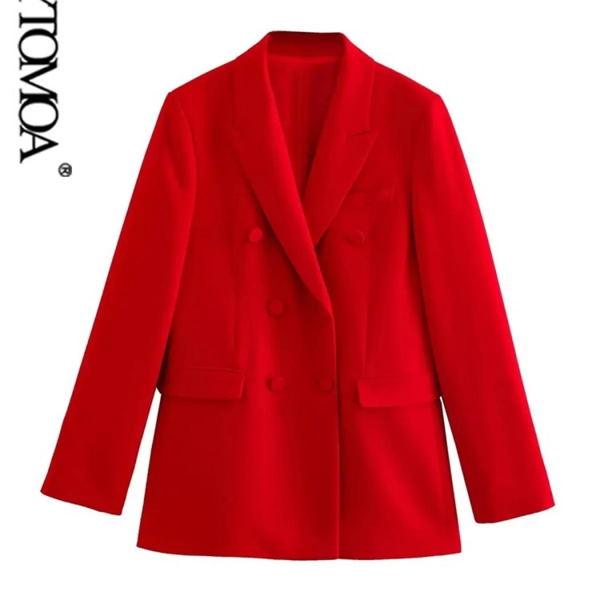 Kpytomoa Moda Donna Doppio Petto Giacca Cappotto Vintage Manica Lunga Tasche con Patta Capispalla Femminile Chic Vestes Femmes