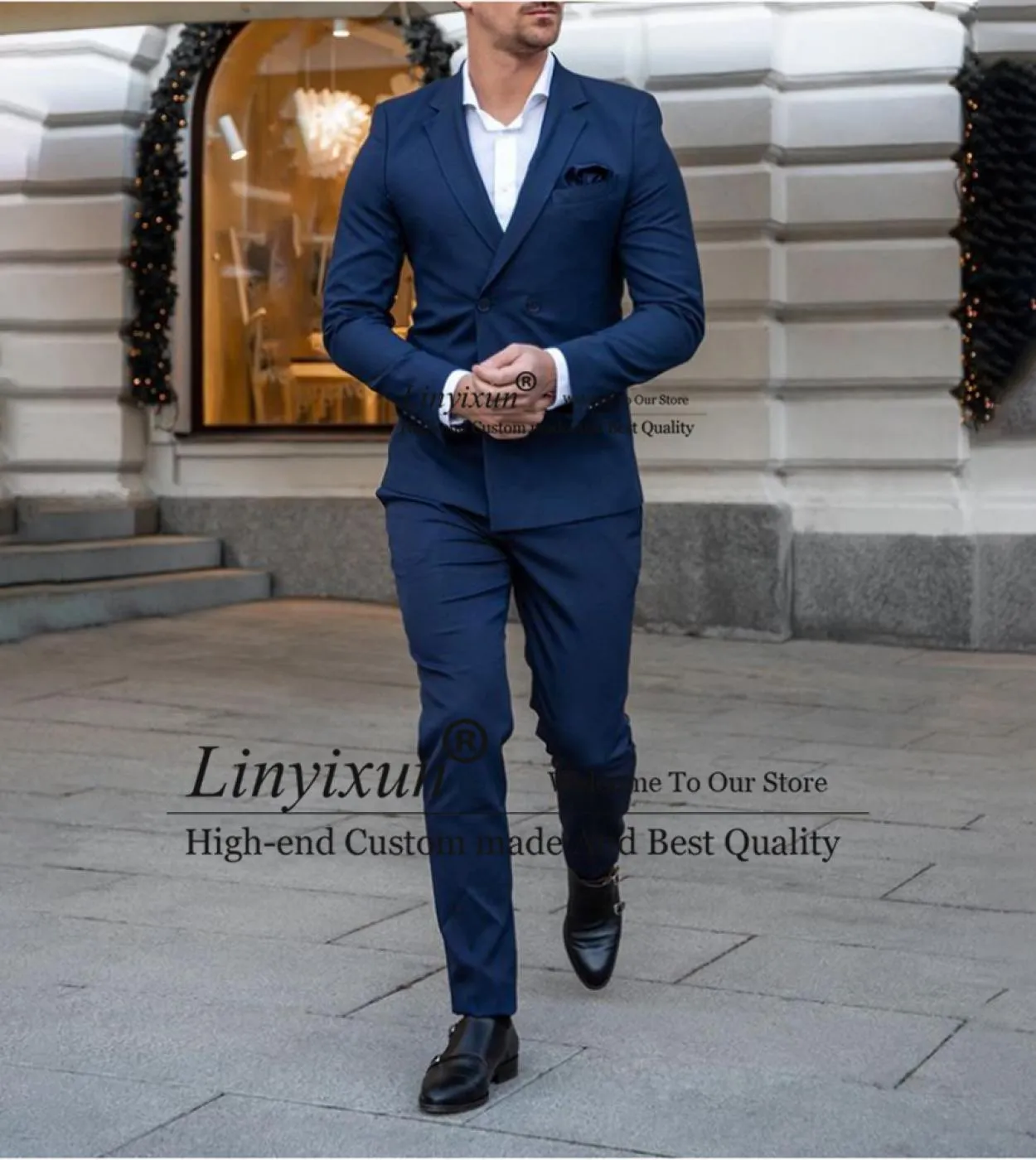 Moda uomo blu navy abiti da sposa doppio petto smoking da sposo giacca da lavoro slim fit giacca da 2 pezzi pantaloni costu